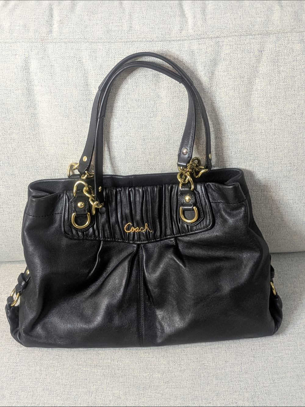 Coach Ashley F17571 Black Leather Ruched Carryall Shoulder Bag